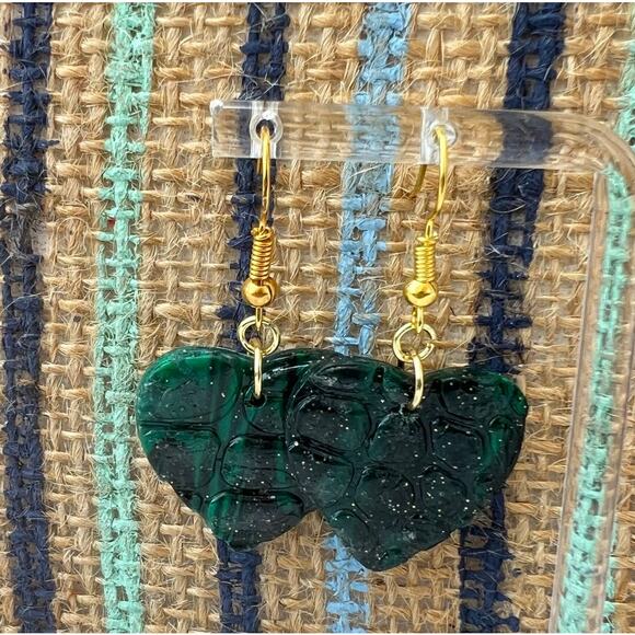 Artisan Green & Black Reptile Textured Heart Dangle Earrings 1.75" Drop - Picture 2 of 2